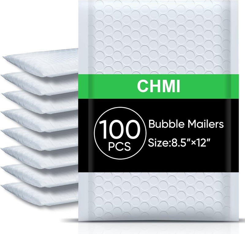 CHMI White Bubble Mailers 8.5 x 12 Inch 100 Pack, Usable Size 8.25X12 Inch Poly Mailers,Mailing Envelopes,Shipping Mailer，Opaque Self Seal Adhesive Waterproof Bags for Packaging and Shipping. - Image 1
